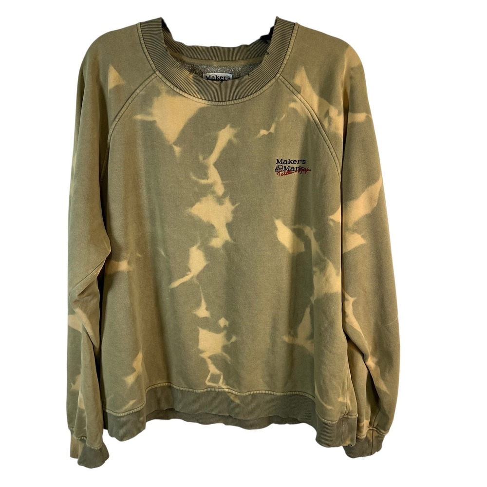 Makers Mark Mens XL Olive Green Bleached Tie Dye Crewneck Sweatshirt Raglan Logo